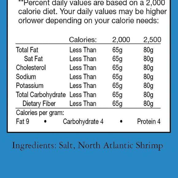 The 🦐 Prank Cereal Box – Shrimp Smacks Gag Gift Box 🎁 features nutrition facts for 2,000/2,500 calorie diets and an ingredients list: salt, North Atlantic shrimp. Ideal as a funny prank or fake gift box!.