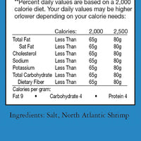 The 🦐 Prank Cereal Box – Shrimp Smacks Gag Gift Box 🎁 features nutrition facts for 2,000/2,500 calorie diets and an ingredients list: salt, North Atlantic shrimp. Ideal as a funny prank or fake gift box!.