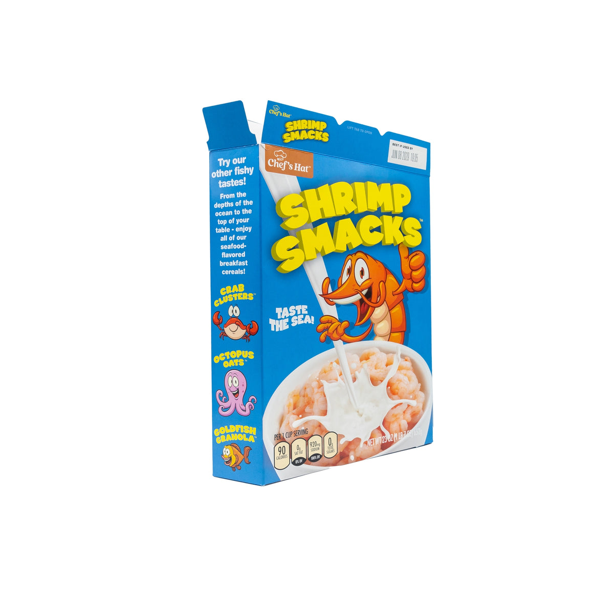 The 🦐 Prank Cereal Box – Shrimp Smacks Gag Gift Box features cartoon shrimp, sea creatures, and a bowl of shrimp-shaped cereal—making it a hilarious joke present or fake gift box for any occasion!.