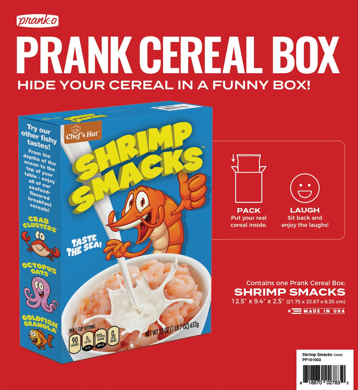 🦐 Prank Cereal Box – Shrimp Smacks Gag Gift Box | Funny Joke Prank Present 🎁 features cartoon shrimp art on a red box designed to hide real cereal—a hilarious gag gift with product info and usage instructions for any occasion.