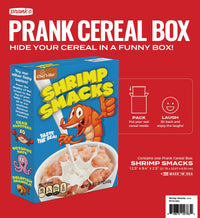 🦐 Prank Cereal Box – Shrimp Smacks Gag Gift Box | Funny Joke Prank Present 🎁 features cartoon shrimp art on a red box designed to hide real cereal—a hilarious gag gift with product info and usage instructions for any occasion.
