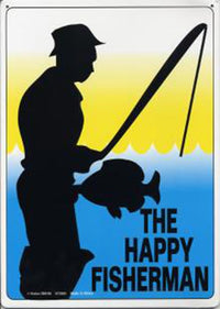 The "THE HAPPY FISHERMAN" Metal Tin Sign, featuring a silhouette of a fisherman holding his catch against a blue and yellow background, makes an ideal choice for humorous wall decor.