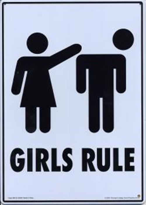 The Metal Tin Sign "GIRLS RULE" (Funny Bedroom Office Wall Decor Gift #D-101) features a vintage silhouette of a girl playfully pushing a boy, adding humorous flair to any space.