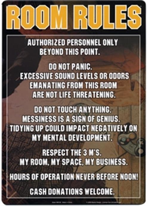 The Metal Tin Sign "Room Rules" #B-101, a humorous piece of decor for bedrooms, offices, or man caves, offers amusing guidelines such as "Do not panic," "Messiness is a sign of genius," and the classic "Hours of operation never before noon.