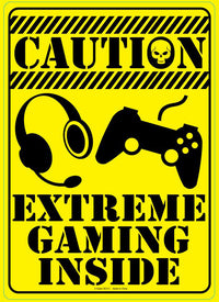 The "Caution - Extreme Gaming Inside" Metal Tin Sign #B-101 features a bright yellow design with a skull wearing a headset and holding a game controller. This fun wall decor adds an edgy flair to any gamer's room.