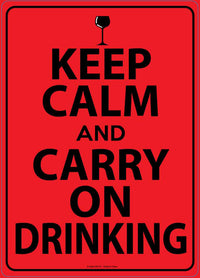 Add a whimsical touch to your space with the Metal Tin Sign "Keep Calm & Carry on Drinking," a delightful home decor piece featuring bold black text that reads: "KEEP CALM AND CARRY ON DRINKING." This charming sign, complete with a wine glass icon above, is perfect for bringing humor to your kitchen wall.