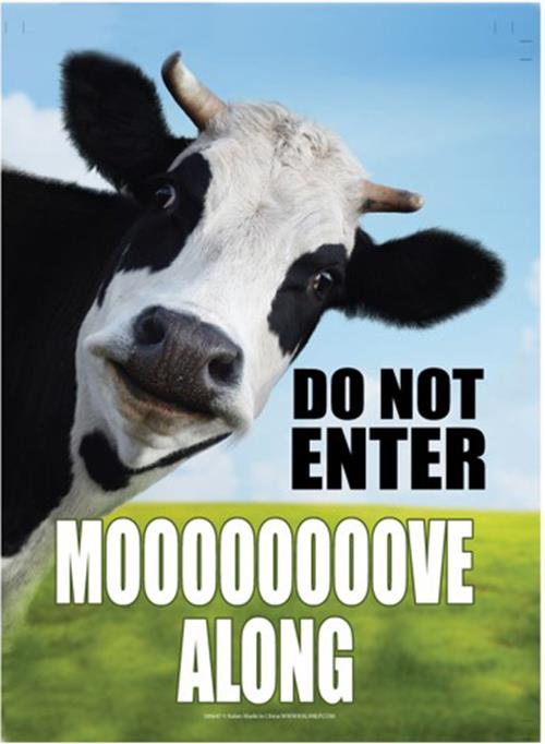 The Metal Tin Sign "Do Not Enter: MOOOOOOOOOVE ALONG," featuring a close-up of a cow with a field in the background, offers a humorous touch to home decor. It's labeled as product #B-101 and makes for a unique gift idea!