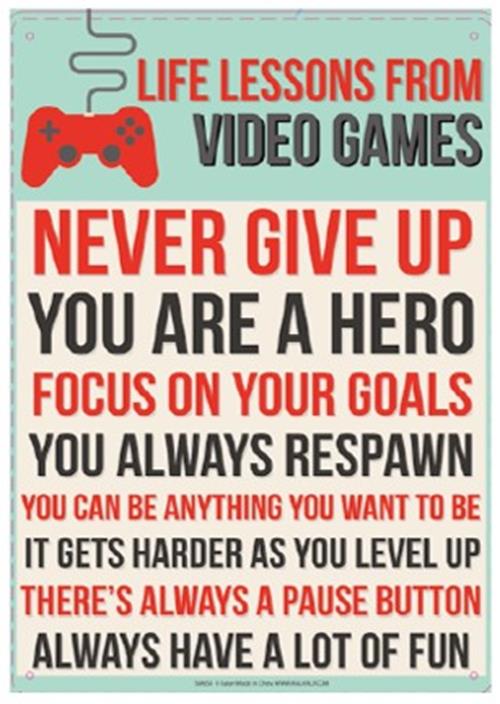 Introducing the Metal Tin Sign "Life Lessons From Video Games" Funny Gamer Wall Decor #B-101, adorned with motivational phrases such as "Never Give Up" and "You Are a Hero." It also features a playful red game controller icon, making it an inspiring addition to any gaming enthusiast's wall.