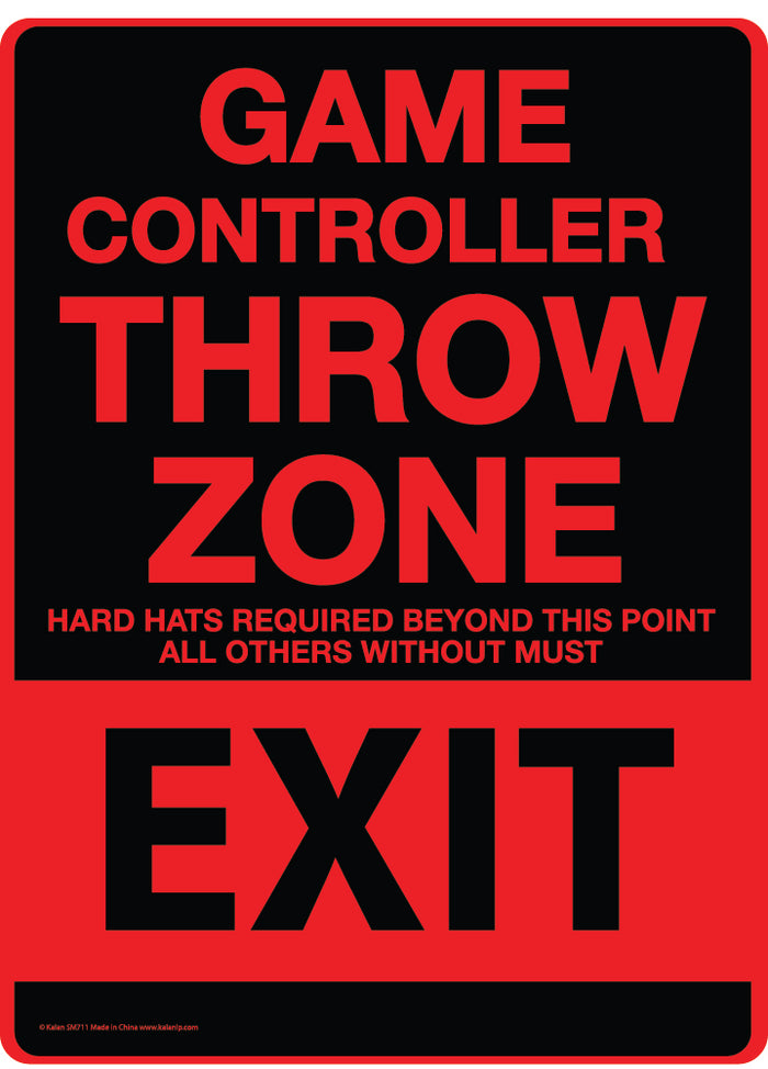 Sign reading: "Game Controller THROW ZONE. Hard hats required beyond this point. All others without must exit." This humor decor piece, the Metal Tin Sign "Game Controller THROW ZONE" Bedroom Gamer Wall Decor #F-101, adds a playful touch to any gamer's space.