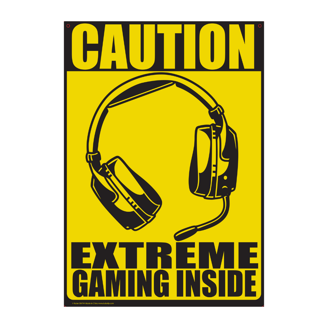 Introducing the Metal Tin Sign "Caution: Extreme Gaming Inside" Bedroom Gamer Wall Decor #H-21. This striking yellow and black sign features a headset graphic and adds a witty touch to any gamer's space with its bold statement.