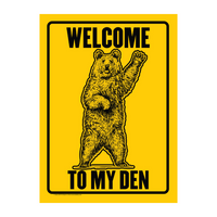 The product is titled "Metal Tin Sign 'Welcome To My Den' Waving Funny Bear Home Wall Decor #H-101," featuring a charming illustration of a bear standing and waving.