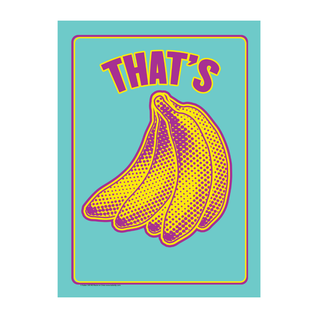 The product features an illustrated bunch of bananas with the word "THAT'S" above it on a teal background, highlighted with purple and yellow outlines. This humorous Metal Tin Sign titled "That's Bananas" (#H-101) makes for a charming addition to any home office or bedroom and is easy to install.