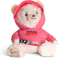 The Punchkins 🐻 "Cute But PSYCHO" 😈 Teddy Bear Plushie w/ Bloody Kitchen Knife 🩸 is a hilarious stuffed animal in a pink hoodie, perfect for anyone with an edgy sense of humor.