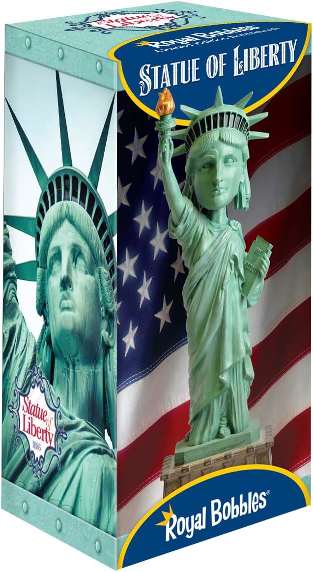 Box featuring the Statue of Liberty Bobblehead Figure 🗽 – Premium Lifelike Collectible Decor Gift, set against an American flag background with bold "Royal Bobbles" branding.