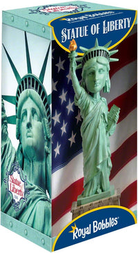 Box featuring the Statue of Liberty Bobblehead Figure 🗽 – Premium Lifelike Collectible Decor Gift, set against an American flag background with bold "Royal Bobbles" branding.