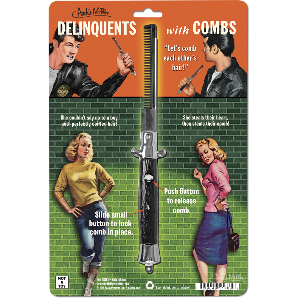 The retro-style packaging of the Archie McPhee Switchblade Comb, a 50's greaser folding comb costume prop, showcases illustrated characters with a touch of humor. Featuring captions and branding for "Delinquents with Combs," it captures the rebellious essence of the Fonz era inspired by 1950's Teenage Pulp Fiction.