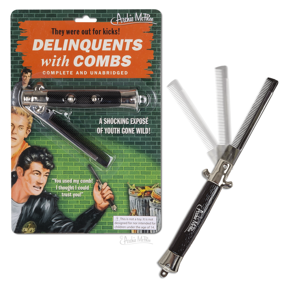 Retro toy packaging featuring an Archie McPhee Switchblade Comb, inspired by 50's greasers, with artwork of young men and text: "DELINQUENTS with COMBS" and "A shocking expose of youth gone wild!" It's like stepping into the thrilling world of 1950s Teenage Pulp Fiction.