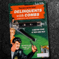 The packaging of the "Switchblade Comb - 50's greaser folding comb costume prop" from Archie McPhee includes a toy switchblade comb and 1950s-style artwork reminiscent of Fonz, depicting two young men with text proclaiming, "A shocking exposé of youth gone wild!