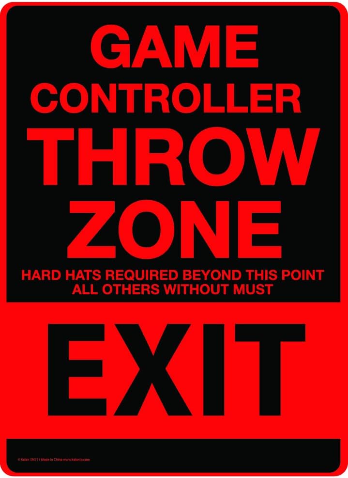 Introducing the Metal Tin Sign "Game Controller THROW ZONE" Bedroom Gamer Wall Decor #F-101, featuring bold black text: "GAME CONTROLLER THROW ZONE. Hard hats required beyond this point. All others without must exit." This whimsical decor piece is perfect for gamers looking to safely express their gaming frustrations!