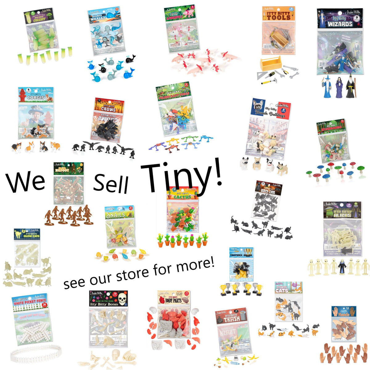 Collage of miniature toy packs, featuring highly detailed animals, dinosaurs, and figurines. Text reads "We Sell Tiny! See our store for more!" Discover the charm of Itty Bitty Hummingbirds in soft vinyl with our Garden Bird Figurines by Archie McPhee (Bag of 12).