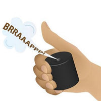 A hand holds a black cylindrical object, one of the 12 Le Tooter Pooters - Party Favor Gag Joke Fart Farting Gifts (1 dozen), making a "BRRAAAPPPP!" sound with a cloud-like visual effect.