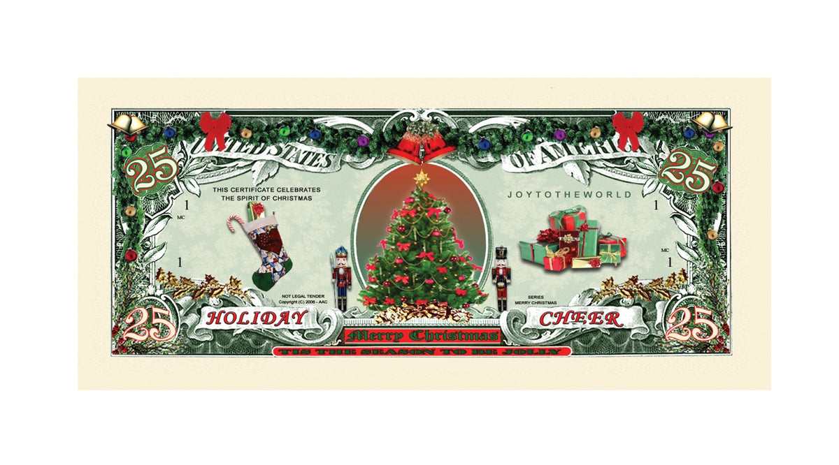 100 TOTAL - Christmas Tree Holiday Santa $25 Dollar Novelty Money Gift Bills