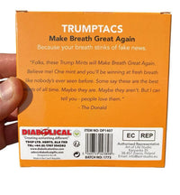 A person holds a Trumptacs Mints box (Funny Donald Trump Candy, 30-count) labeled "Make Breath Great Again!"—hilarious for fans of Presidential Mints and a perfect gag gift.