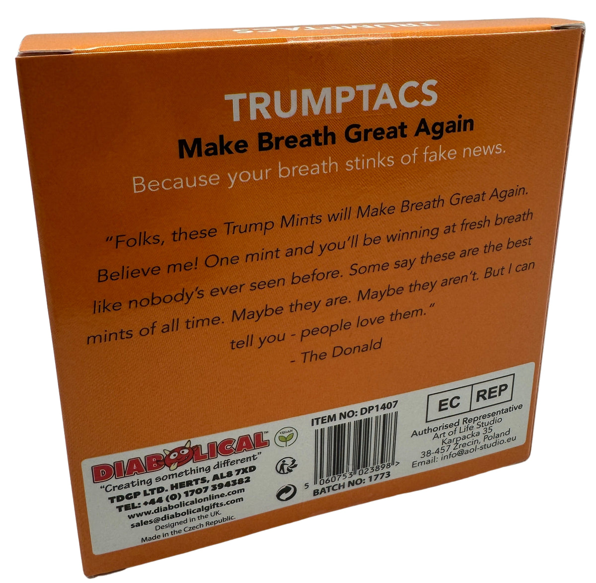 Back of a Trumptacs Mints box—Funny Donald Trump Candy, 30 count, boasting "Make Breath Great Again!" with a playful quote from "The Donald." Manufacturer info at the bottom. A hilarious gag gift for any occasion!.