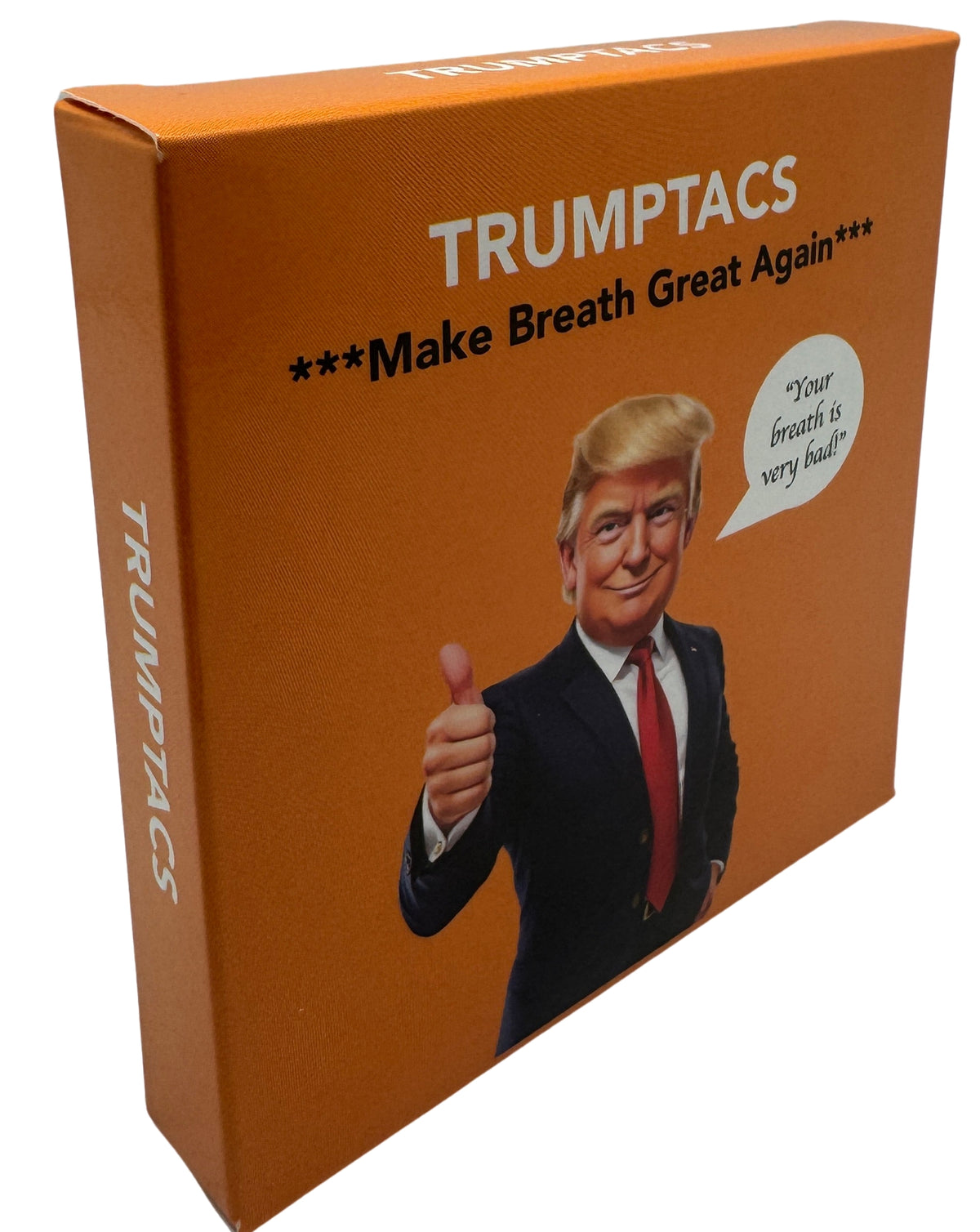 Trumptacs Mints – Funny Donald Trump Candy Box of 30 🍬 features an orange box with Trump giving a thumbs up and saying, "Your breath is very bad!" *Make Breath Great Again*—a hilarious gag gift or quirky Presidential Mints.