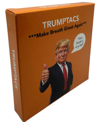 Trumptacs Mints – Funny Donald Trump Candy Box of 30 🍬 features an orange box with Trump giving a thumbs up and saying, "Your breath is very bad!" *Make Breath Great Again*—a hilarious gag gift or quirky Presidential Mints.