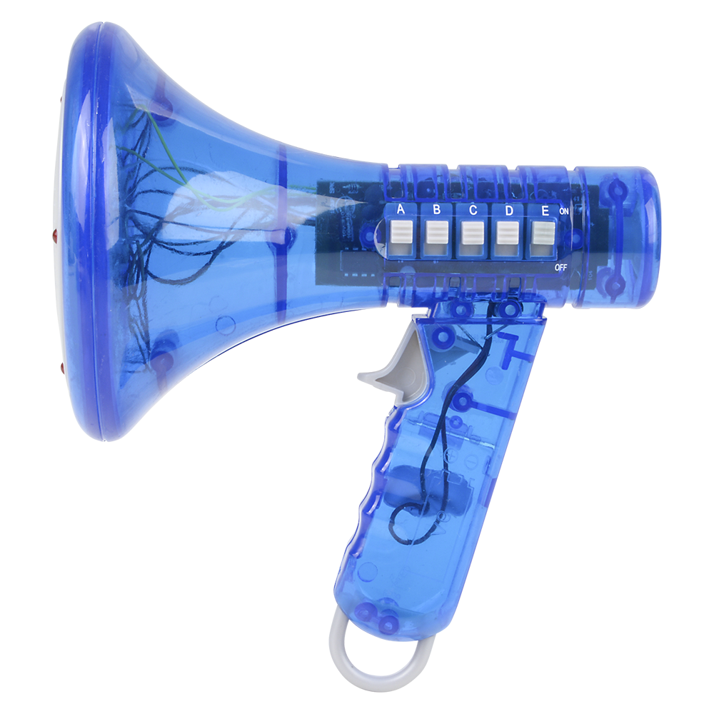 The Voice Changer Megaphone Toy features a blue transparent design, visible internal wiring, labeled A-D buttons, an on/off switch on the handle, and 10 funny sound effects for kids and adults.