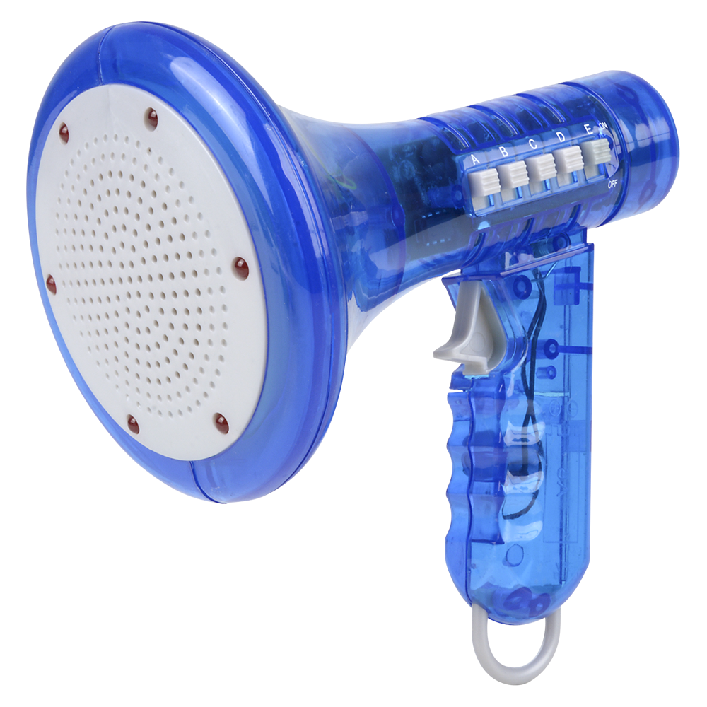 The Voice Changer Megaphone Toy is a blue plastic bullhorn mic with a trigger handle, white speaker grille, and top buttons, offering 10 funny sound effects for kids and adults.