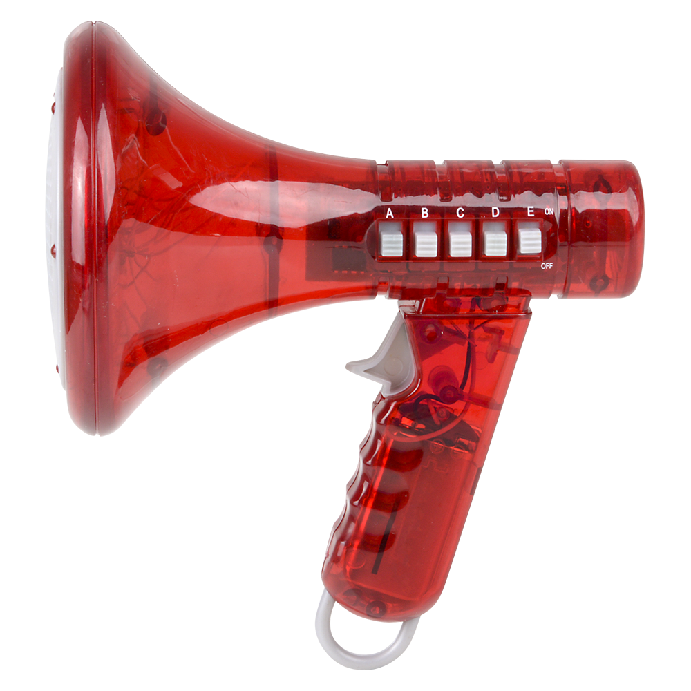 The Voice Changer Megaphone Toy is a red plastic bullhorn mic with a transparent body, labeled buttons, handle on-off switch, and flashing LED lights. It features 10 funny sound effects for kids and adults.