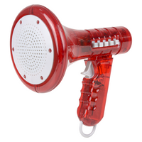 The Voice Changer Megaphone Toy is a translucent red plastic bullhorn mic with a white speaker, labeled handle controls, and 10 funny sound effects for kids and adults.