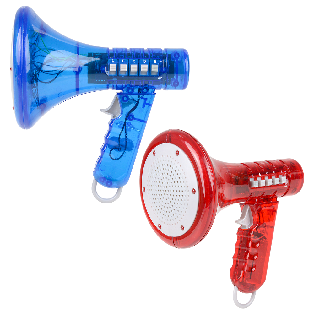Set of two Voice Changer Megaphone Toy bullhorns—one blue, one red—each features 10 funny sound effects, built-in speaker, side buttons, and a pull ring. Perfect for playful announcements for both kids and adults.