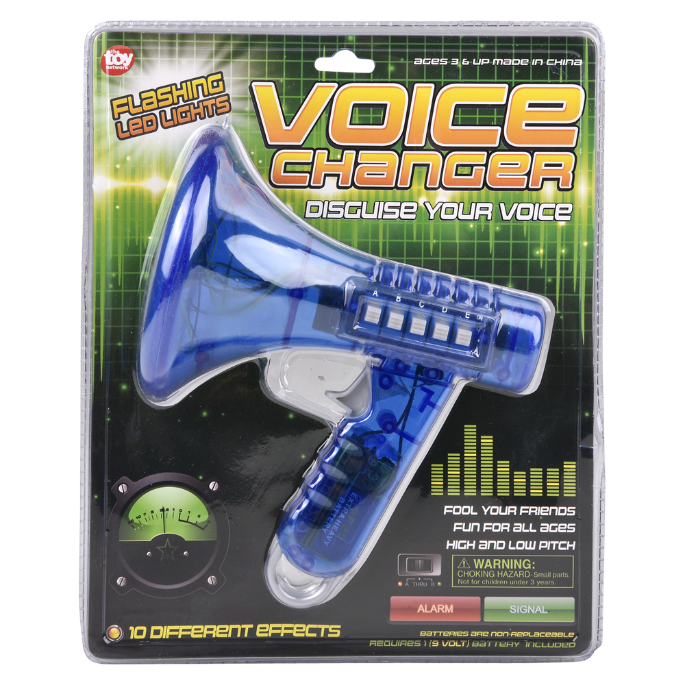 The Voice Changer Megaphone Toy features a blue bullhorn mic labeled “Voice Changer,” with flashing LED lights and 10 funny sound effects, perfect for both kids and adults.