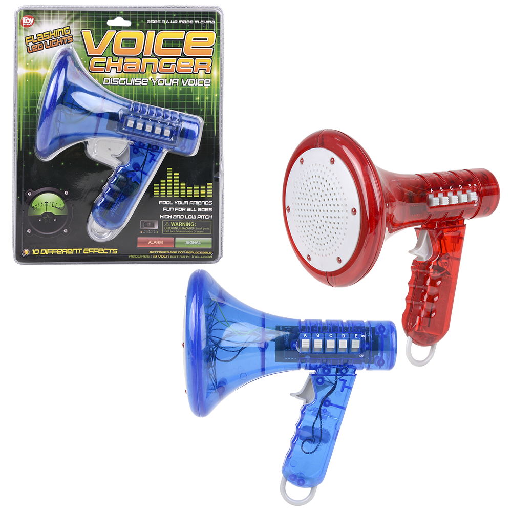 Packaging contains two Voice Changer Megaphone Toys—one blue, one red—each with a bullhorn mic shape, handle buttons, and flashing LED lights. Features 10 funny sound effects for kids & adults.