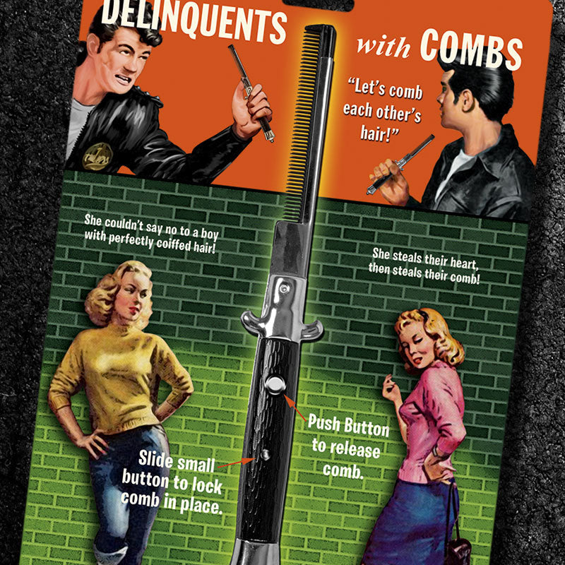 The Switchblade Comb by Archie McPhee is a 50's greaser folding comb costume prop that captures the essence of 1950's Teenage Pulp Fiction. The retro-style packaging showcases vintage images of two men with combs and two women reacting, accompanied by playful phrases about hair and stealing hearts, reminiscent of the Fonz's iconic charm.