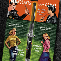 The Switchblade Comb by Archie McPhee is a 50's greaser folding comb costume prop that captures the essence of 1950's Teenage Pulp Fiction. The retro-style packaging showcases vintage images of two men with combs and two women reacting, accompanied by playful phrases about hair and stealing hearts, reminiscent of the Fonz's iconic charm.