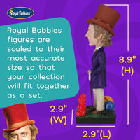 Side view of the Willy Wonka Bobblehead Statue – Gene Wilder Collectible Figure by Royal Bobbles🍬, 8.9" tall with a 2.9"x2.9" base, shown next to product information text.