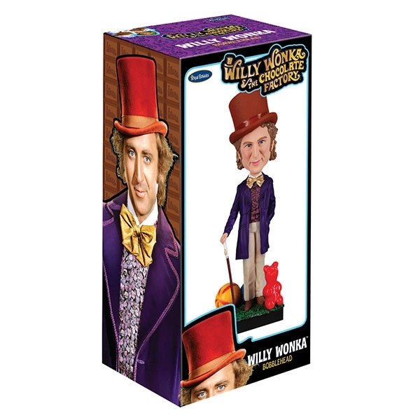 This Royal Bobbles Willy Wonka Bobblehead Statue is a Gene Wilder collectible figure from "Willy Wonka & the Chocolate Factory," featuring the character’s purple coat, yellow bow tie, and red top hat.