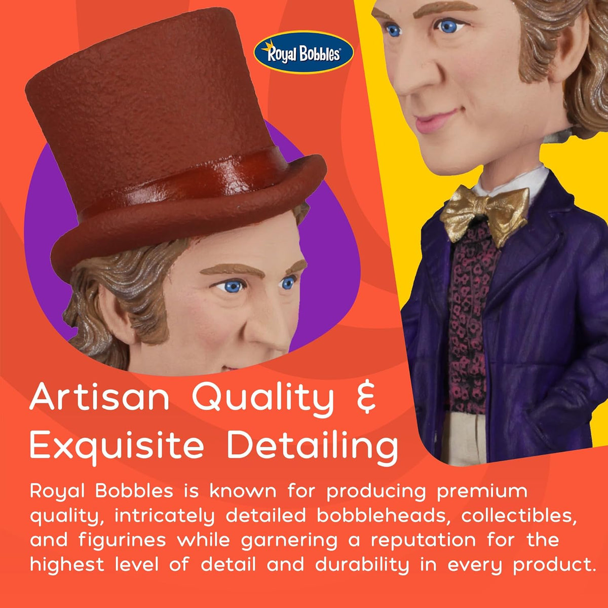Close-up of the Willy Wonka Bobblehead Statue – Gene Wilder Collectible Figure by Royal Bobbles🍬, showcasing artisan quality and intricate detailing typical of this premium collectible brand.