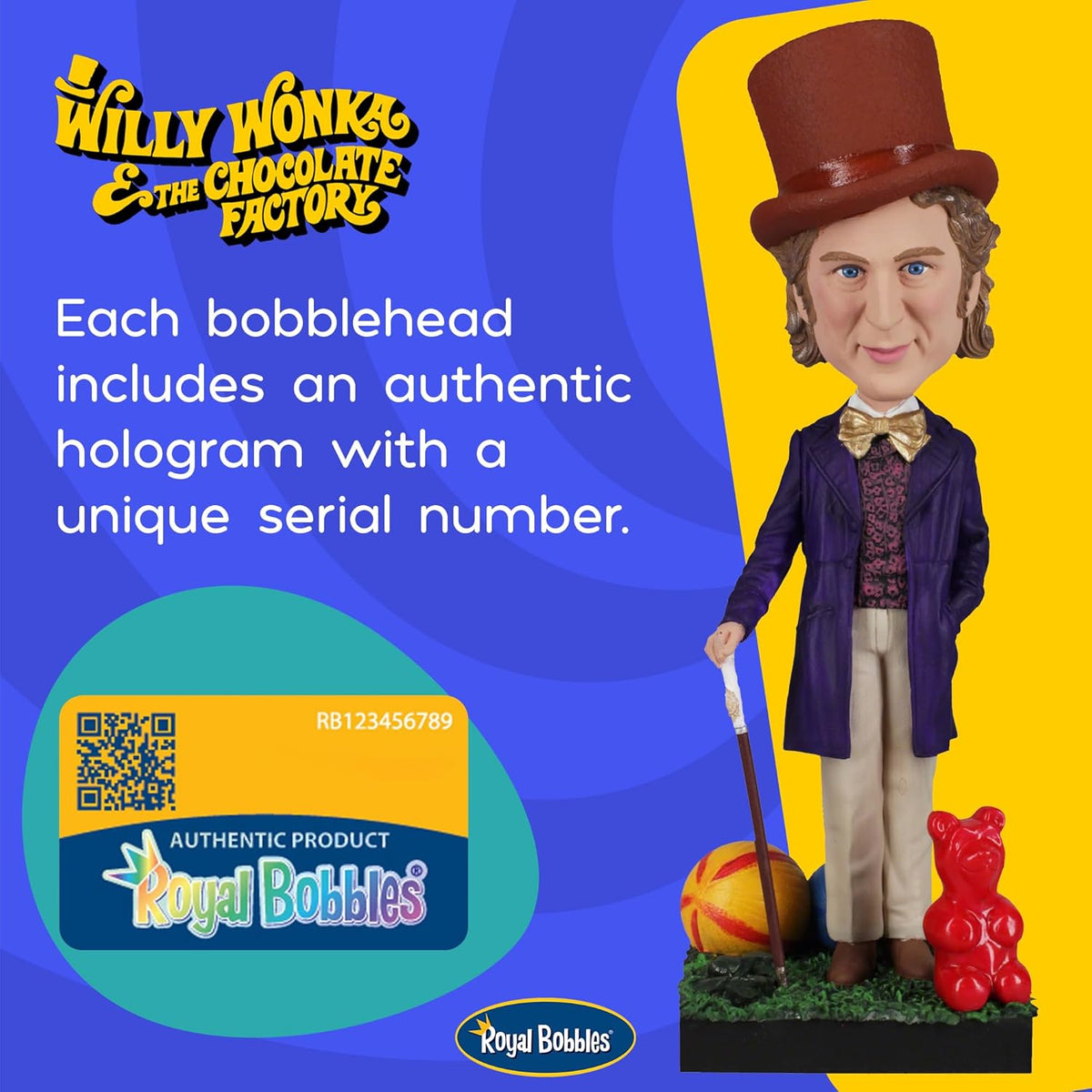 The Willy Wonka Bobblehead Statue – Gene Wilder Collectible Figure by Royal Bobbles🍬 stands by a hologram with unique serial number and candy props, highlighting this collectible’s authenticity.