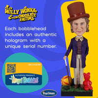 The Willy Wonka Bobblehead Statue – Gene Wilder Collectible Figure by Royal Bobbles🍬 stands by a hologram with unique serial number and candy props, highlighting this collectible’s authenticity.