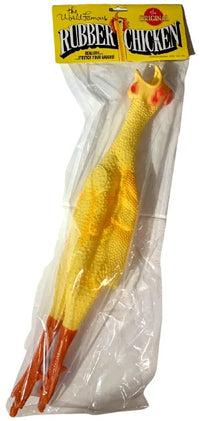 The Classic 19" Rubber Chicken by Loftus International is a timeless gag prop for endless laughs, packaged in clear wrapping with a yellow "Rubber Chicken" label at the top.