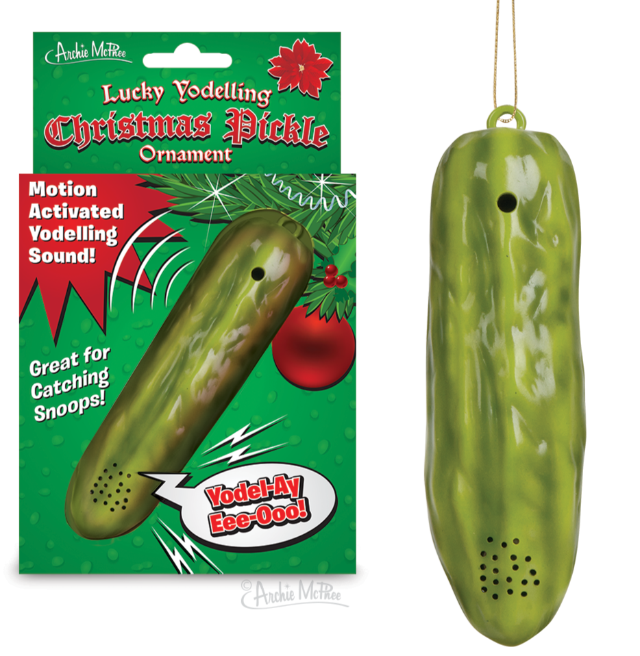 YODELLING Lucky Christmas Pickle Ornament - Musical Sounds - Archie McPhee